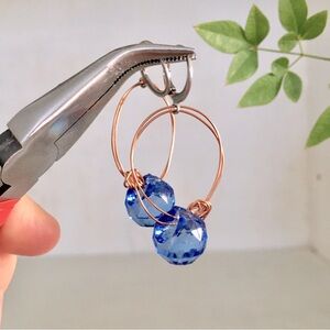 London Blue Round Faceted Bead and Copper Wire Knot Drop Earrings